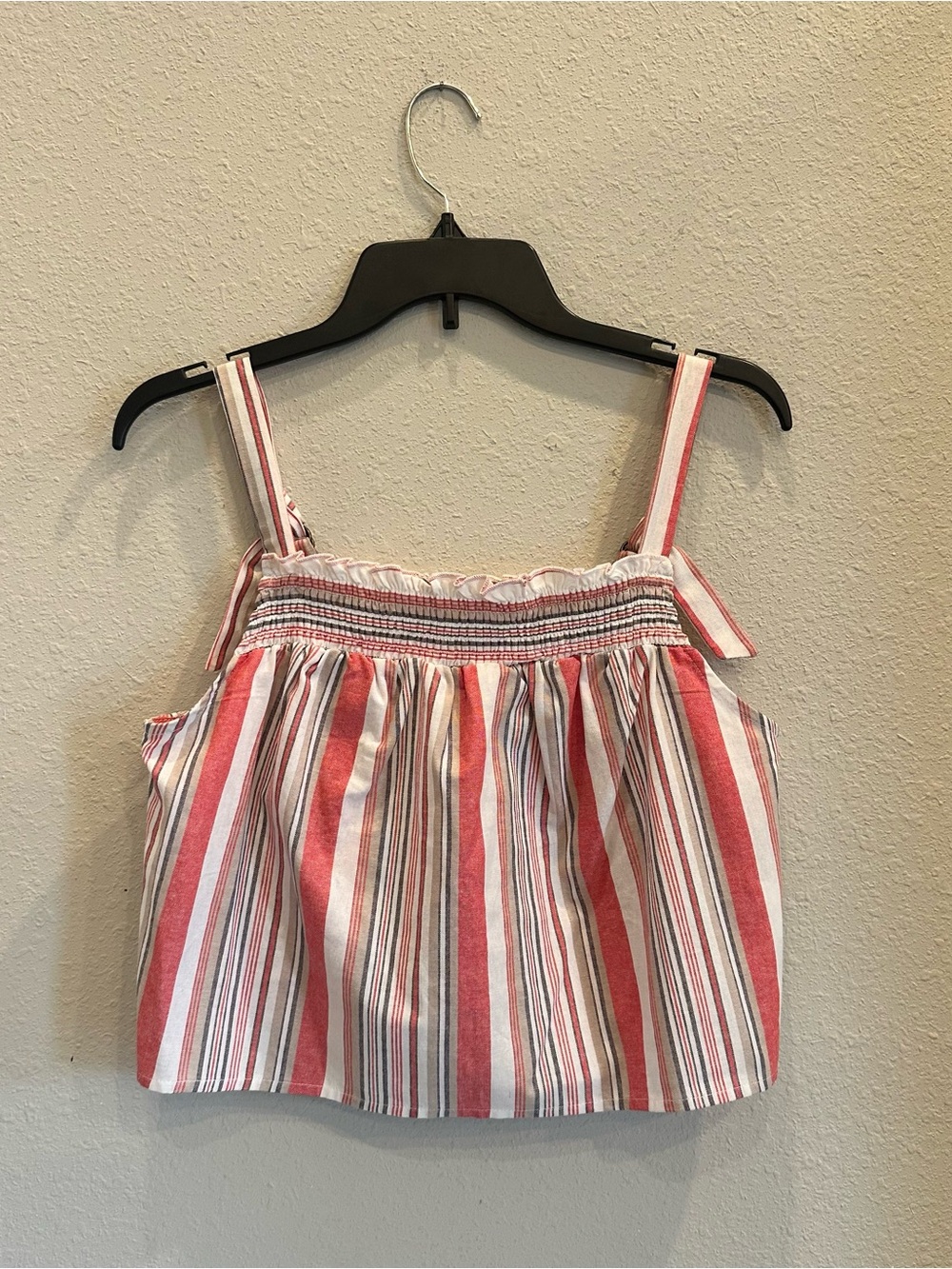 Red & White Striped Smocked Crop Cami Top Tie Strap Coastal Boho Summer Size M